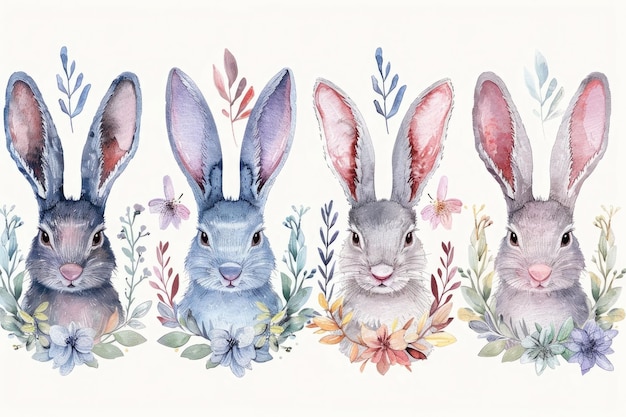 Carte acquarellate di Buona Pasqua con carine uova di coniglio di Pasqua, fiori primaverili e uccello in colori pastello isolati su sfondo bianco