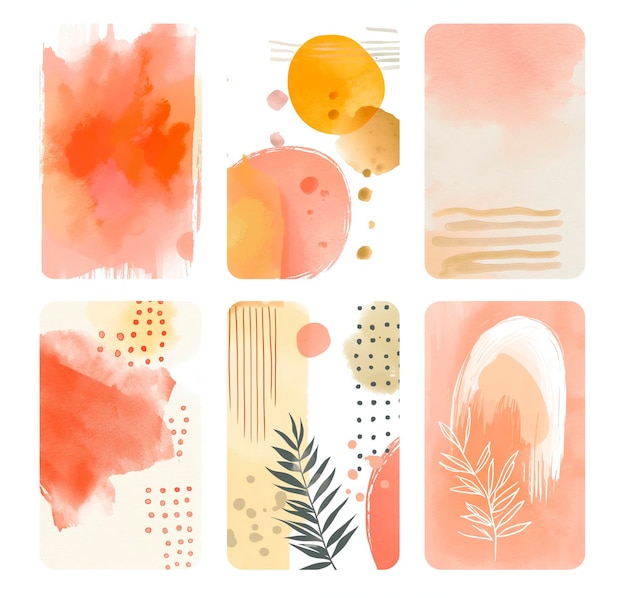Carte ad acquerello con disegni botanici astratti in tonalità pastello calde