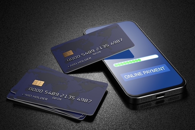 Carte bancarie su uno smartphone. Paga con il tuo smartphone. E-commerce, e-commerce, concetti di pagamento mobile. Elementi grafici moderni. 3D reso.