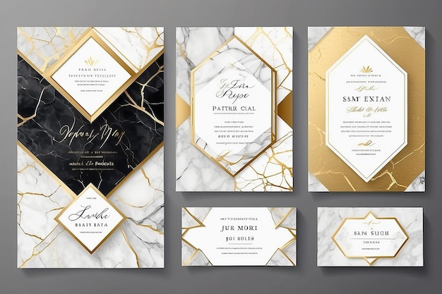 Carte d'invito da matrimonio di lusso con consistenza di marmo dorato e modello di design vettoriale a disegno geometrico