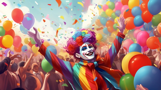 Carte del carnevale, colori dell'orgoglio, persone in costume, palloncini e confetti.