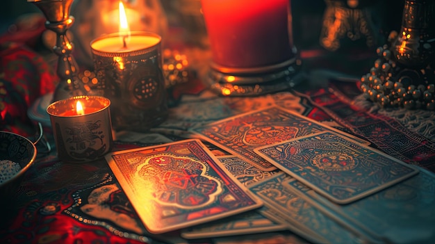 Carte del tarocco mistiche con candele e gioielli in un ambiente atmosferico