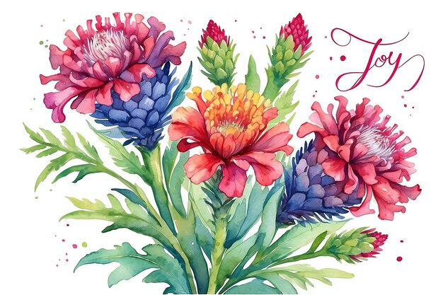 Carte di saluto gioiosa Acquerello Illustrazione di fiori di cockscomb