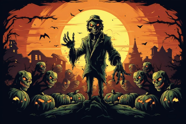 Carte per la festa di Halloween, zucche e zombie nel cimitero.