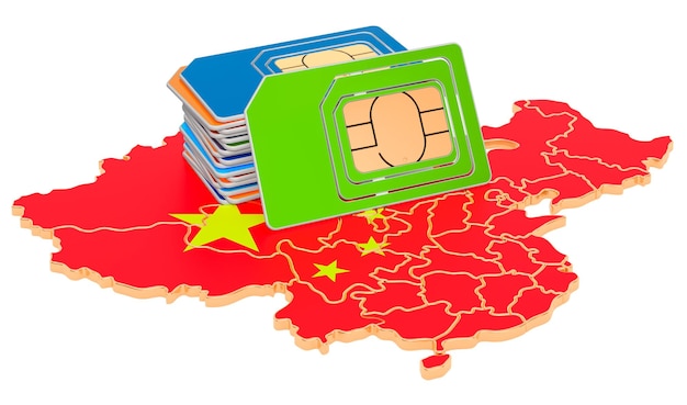 Carte SIM sulla mappa cinese Comunicazioni mobili in roaming in Cina concetto rendering 3D