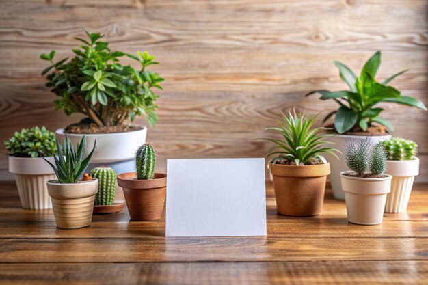 carte vuote e piante ornamentali in vaso su legno