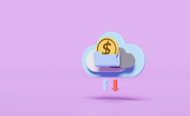 cartella cloud con freccia moneta isolata su sfondo viola archiviazione cloud download upload dati trasferimento rete di connessione datacenter concetto 3d illustrazione 3d render