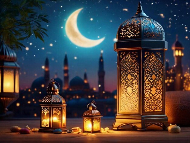 Cartella di auguri del Ramadan Kareem lanterne arabe e mezzaluna sul cielo notturno