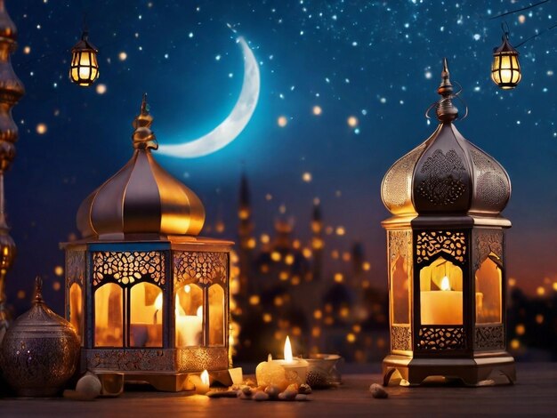 Cartella di auguri del Ramadan Kareem lanterne arabe e mezzaluna sul cielo notturno