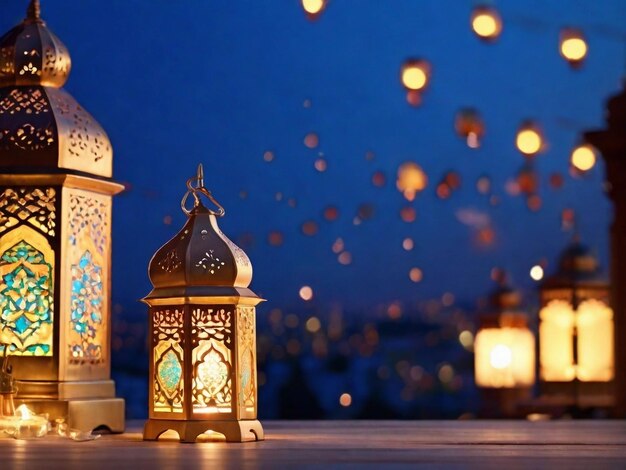 Cartella di auguri del Ramadan Kareem lanterne arabe e mezzaluna sul cielo notturno