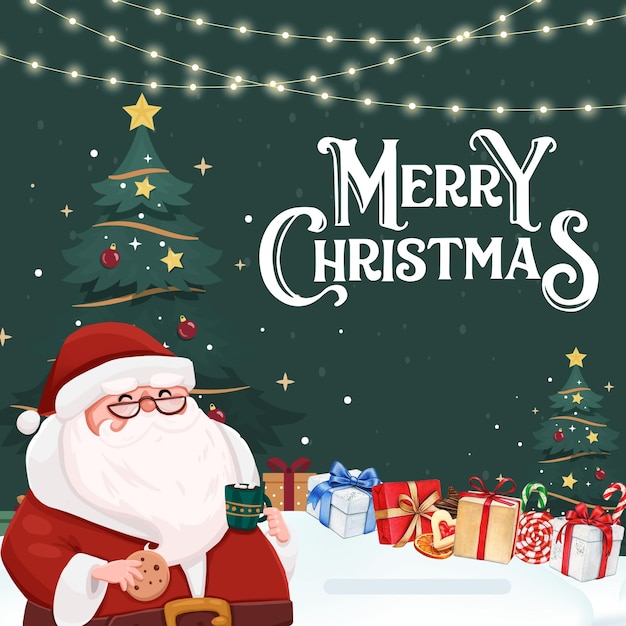 Cartella di auguri di Buon Natale sullo sfondo di Natale con albero di Natale, neve e stelle