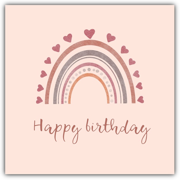 Cartella di auguri di compleanno colorata con cuori pastello e arte dell'arcobaleno per una gioiosa celebrazione
