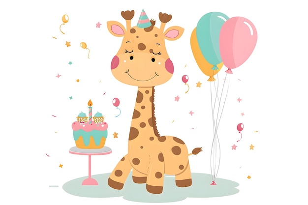 Cartella di auguri di compleanno con una giraffa carina in stile piatto