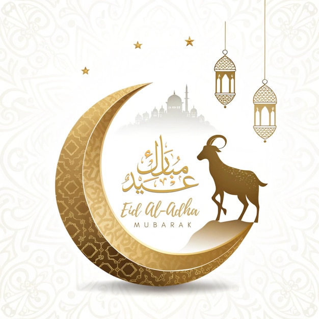 Cartella di auguri di Eid Al Adha mubarak con animali carini, lanterna lunare e stelle