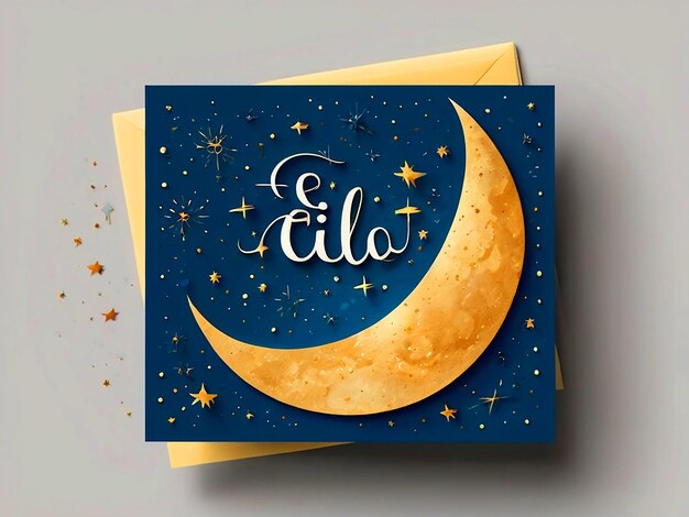 Cartella di auguri di Eid Mubarak con una luna e stelle su uno sfondo bianco