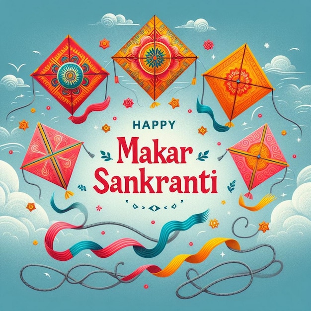 Cartella di auguri di Makar Sankranti volando aquiloni a Makar Sankranti