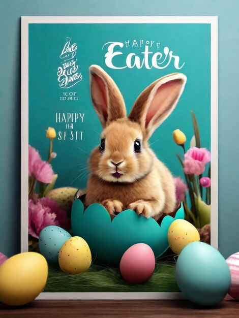 Cartella di auguri di Pasqua con diversi graziosi conigli di Pasqua Uova di Pascua con modello disegnato a mano e frase scritta a mano Buona Pasqua Colore illustrazione vettoriale a cartone animato piatto su sfondo bianco