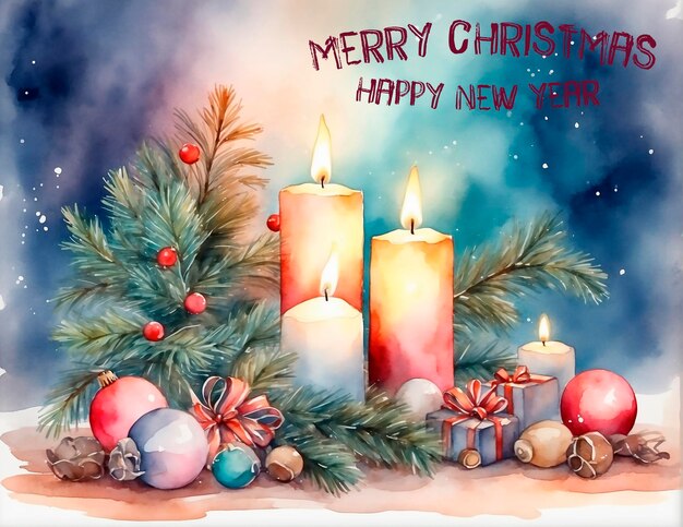 Cartella di auguri per il Capodanno con decorazioni per l'albero di Natale, rami di abete e candele