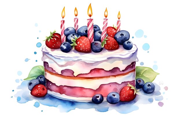 Cartella di auguri per il compleanno Torta con fragole e mirtilli in tecnica acquerello