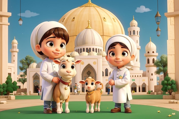 Cartella di auguri per l'Eid al Adha Cartoon carino di bambini musulmani che tengono una capra per il sacrificio con la moschea come illustrazione vettoriale di sfondo