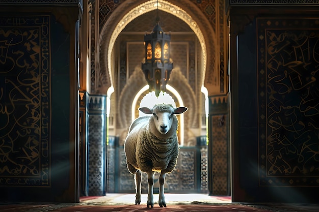 Cartella di auguri per l'Eid Al Adha con pecore e lanterna islamica sullo sfondo post sui social media di Eid Al Azha