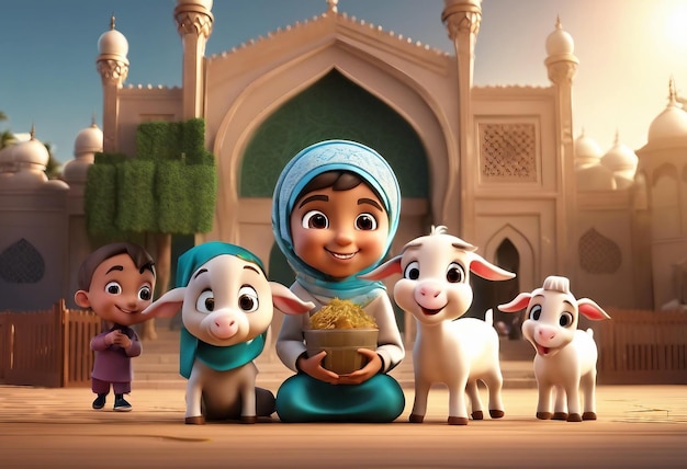 Cartella di auguri per l'Eid al Adha personaggi di cartoni animati illustrazione artistica vettoriale
