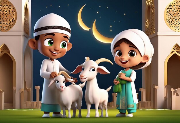 Cartella di auguri per l'Eid al Adha personaggi di cartoni animati illustrazione artistica vettoriale