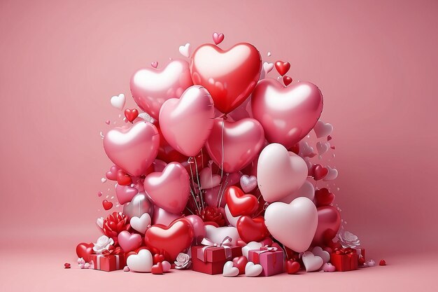 Cartella di auguri per la festa di San Valentino con sfondo di cuore a palloncino concetto di amore di San Valentine 3d render modello romantico per il giorno delle donne di nozze