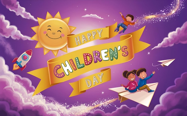 Cartella di auguri per la Giornata Internazionale dell'Infanzia Lettere colorate su un nastro giallo