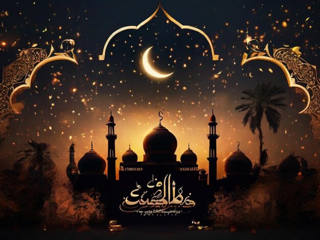 Cartella di auguri Ramadan Kareem con moschea e cielo notturno