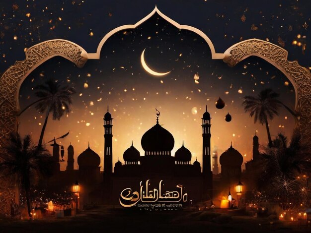 Cartella di auguri Ramadan Kareem con moschea e cielo notturno