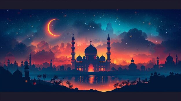 Cartella di auguri Ramadan Kareem con moschea e luna Eid Mubarak poster design illustrazione vettoriale