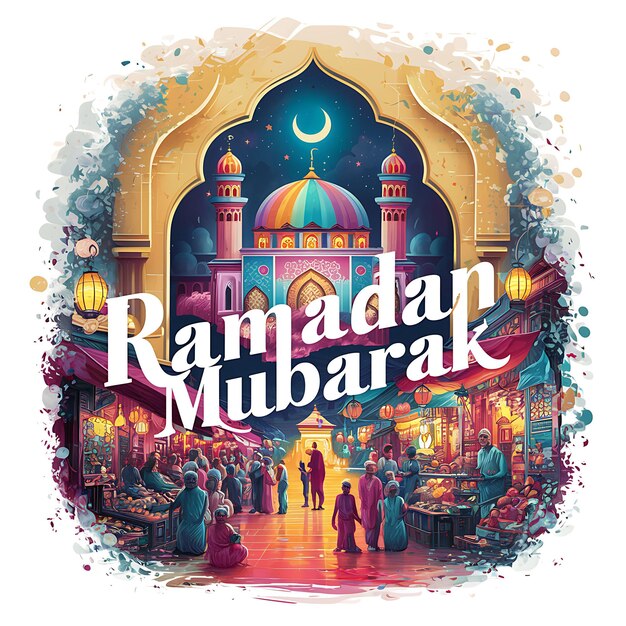 Cartella di auguri sullo sfondo del Ramadan Kareem con lampade arabe della moschea, stelle e mezzaluna B
