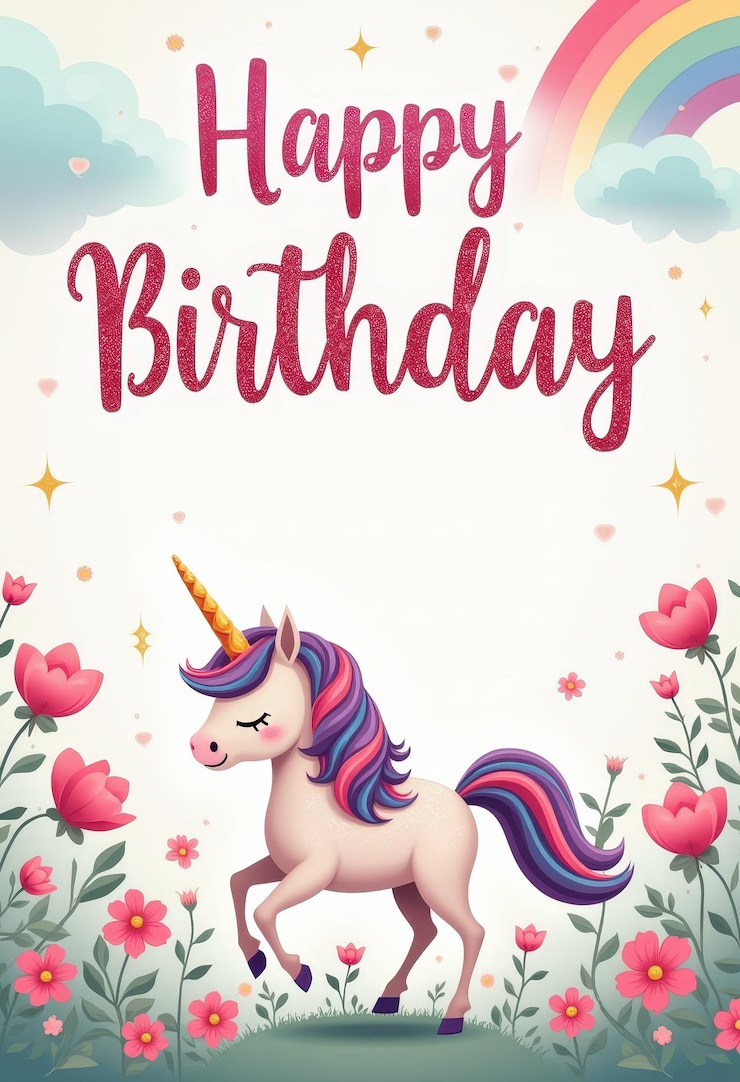 Foto cartella di buon compleanno unicorno con arcobaleno e fiori