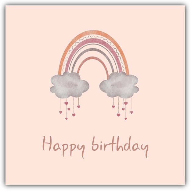 Cartella di compleanno con cuori arcobaleno Acquarello disegnato a mano Fantastico Amplificatore festivo Arte allegra