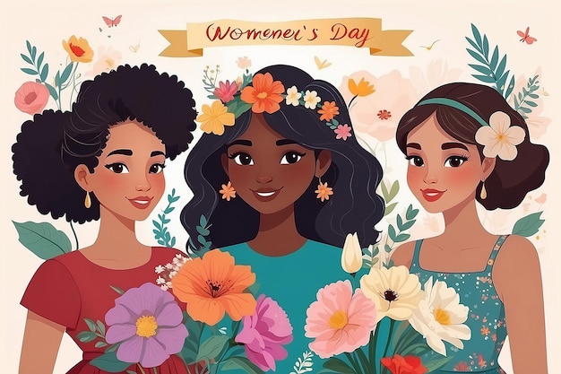 Cartella di felicità per la Festa della Donna con ragazze di diverse nazionalità con fiori