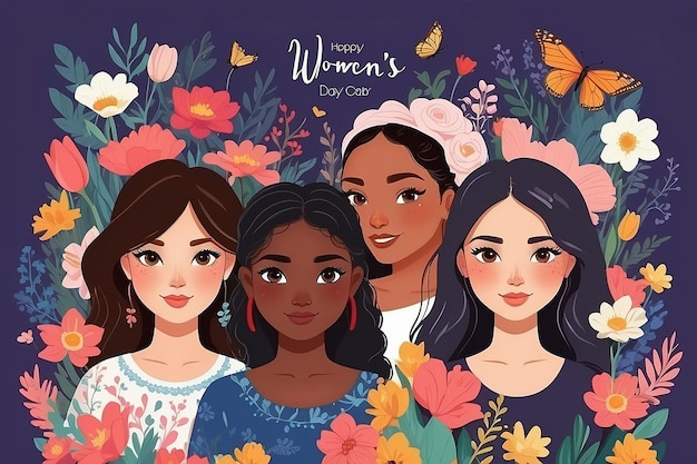 Cartella di felicità per la Festa della Donna con ragazze di diverse nazionalità con fiori