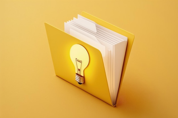 Cartella di file con concetto di cartella idea lampadina sfondo giallo AI