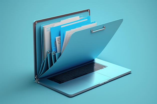 Cartella di file sullo schermo del computer portatile concetto di cloud storage sfondo blu scuro IA generativa