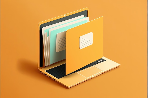 Cartella di file sullo schermo del computer portatile, sfondo arancione. Illustrazione digitale AI