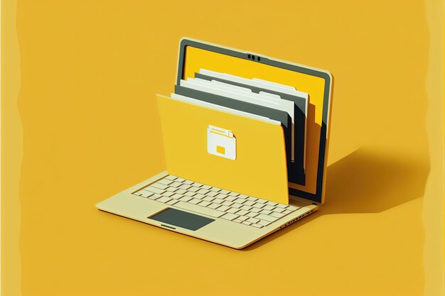 Cartella di file sullo schermo del computer portatile, sfondo giallo. Illustrazione digitale AI