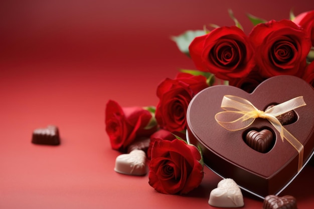 Cartella di San Valentino con dolci al cioccolato e rose rosse fiori generativi ai