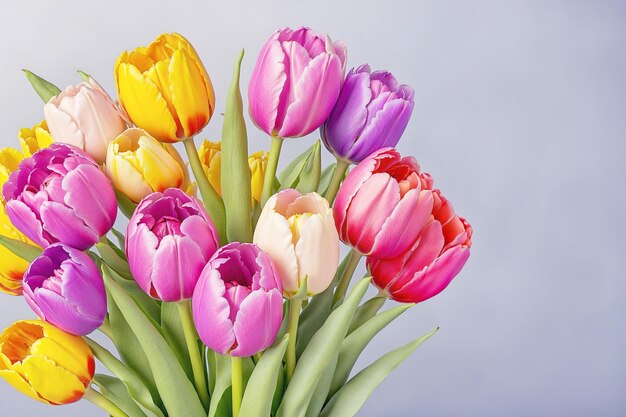 Cartella fotografica con un bouquet di tulipani colorati e spazio libero per la Festa della Donna