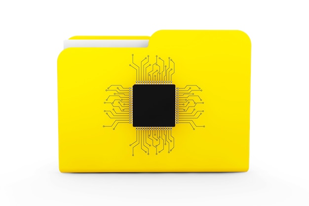 Cartella gialla con microchip su sfondo bianco