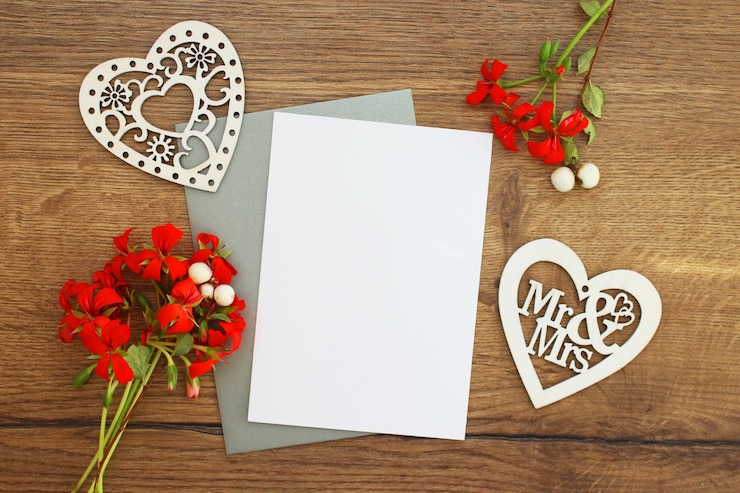Foto cartella postale di auguri e invito di matrimonio con modella di busta composizione piatta verticale con decorazione floreale e sfondo in legno modella di modello con spazio di copia