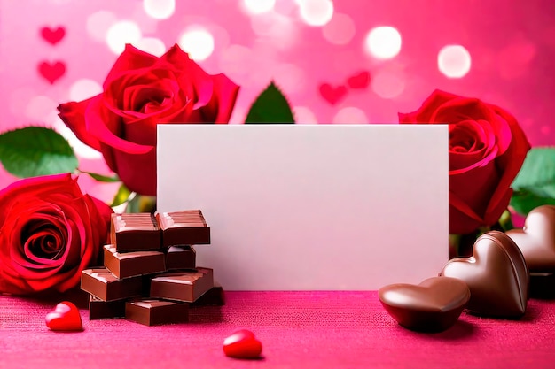 Cartellino di auguri di compleanno o di San Valentino con bokeh Rose rosse e cioccolatini a forma di cuore