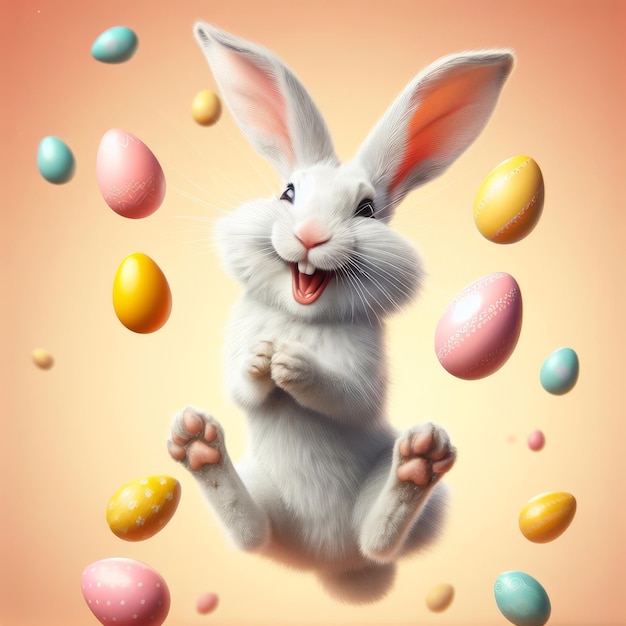 Cartellino di auguri di Pasqua con una lepre comica che ride allegra che gioca con le uova di Pasqua colorate in un salto