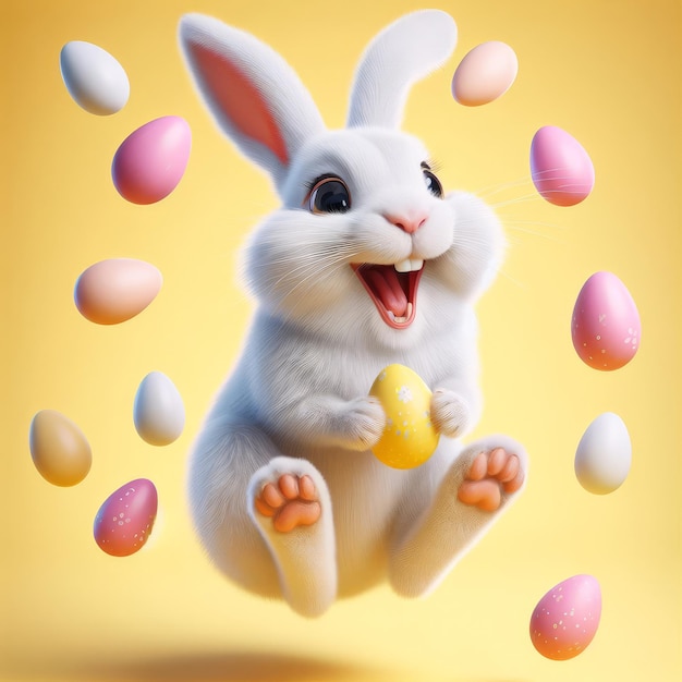 Cartellino di auguri di Pasqua con una lepre comica che ride allegra che gioca con le uova di Pasqua colorate in un salto