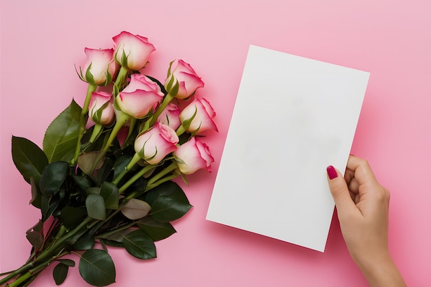 Cartellino di auguri e bouquet di rose rosa per la Festa della Madre