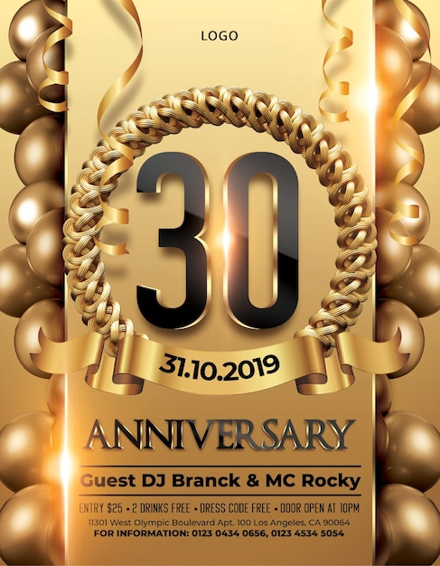 Cartellino di auguri per il 30° anniversario Gold Vector design poster